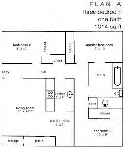Floor plan for 3 beds, 1 bath, 1014 sqft